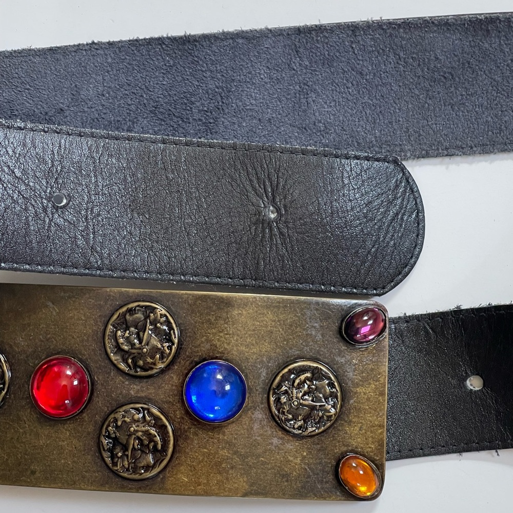 Vintage Fibbia Precious Stone Plated Black Leather Art Deco Belt